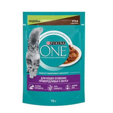 Корм влажный Purina one для кошек особенно привередливых к вкусу индейка и утка с морковью 75 г